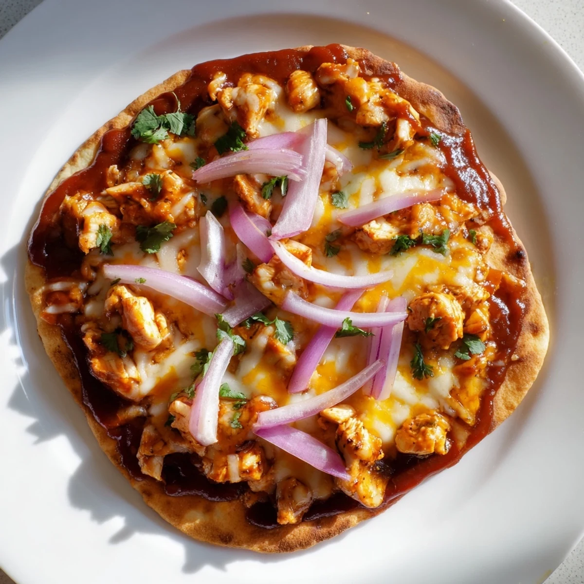 Golden-crusted BBQ Chicken Flatbread, loaded with melted cheese and fresh cilantro, is ready to serve.