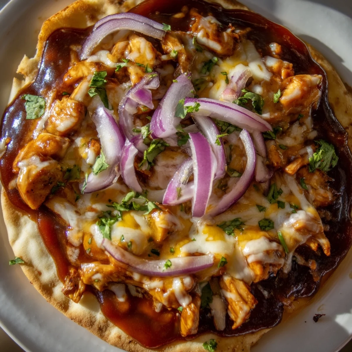 Enjoy a cheesy BBQ Chicken Flatbread, featuring tender chicken, perfect for a quick, satisfying dinner.