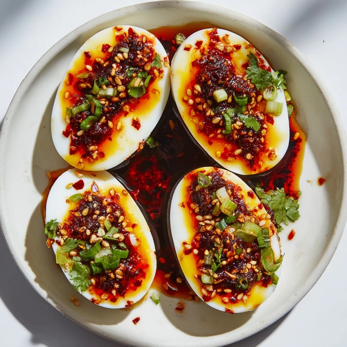 A close-up of Chili Oil Eggs with sesame seeds and green onions, appealing and flavorful for brunch.
