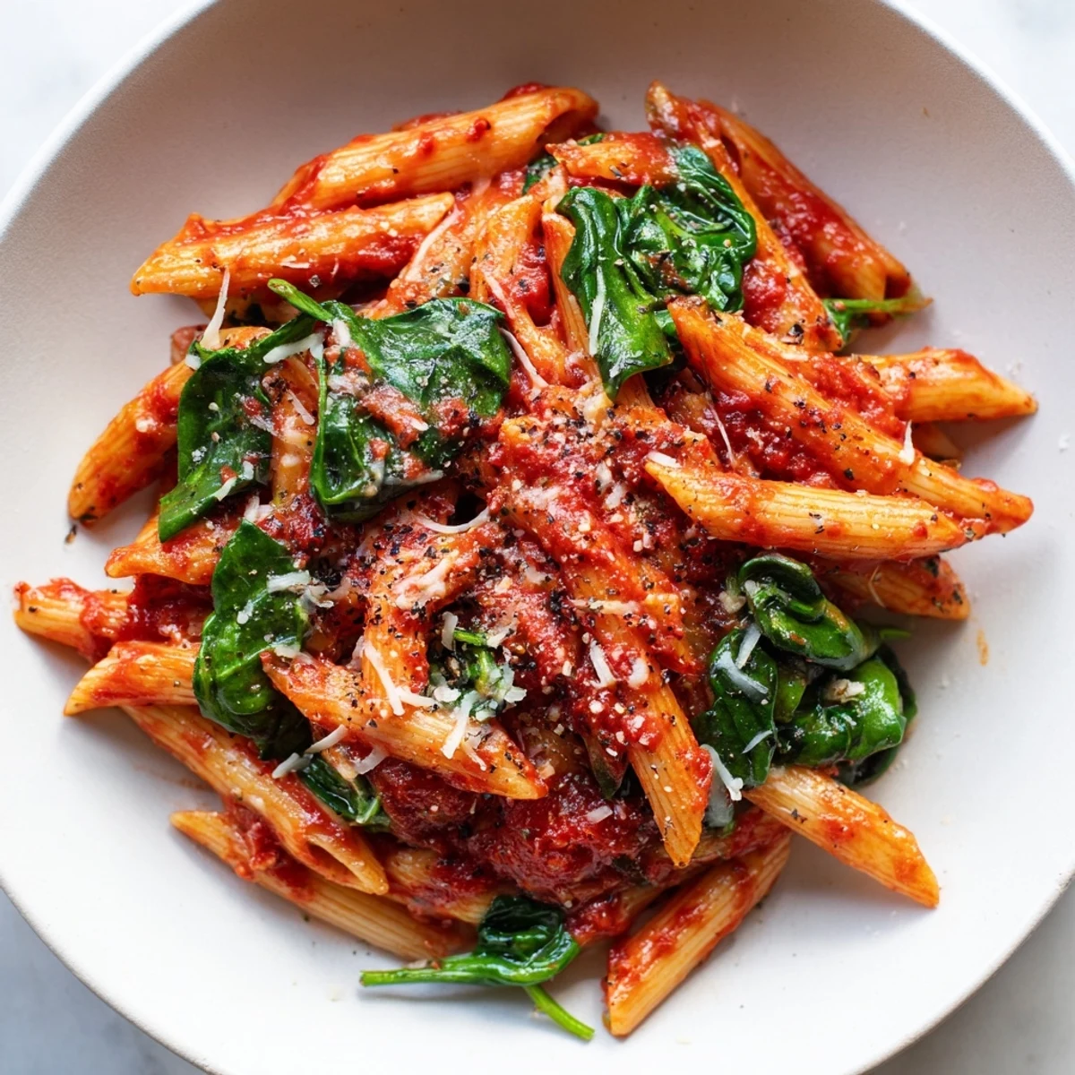 Steamy bowl of Quick Marinara Pasta with Spinach, showcasing vibrant red sauce and wilted green spinach.