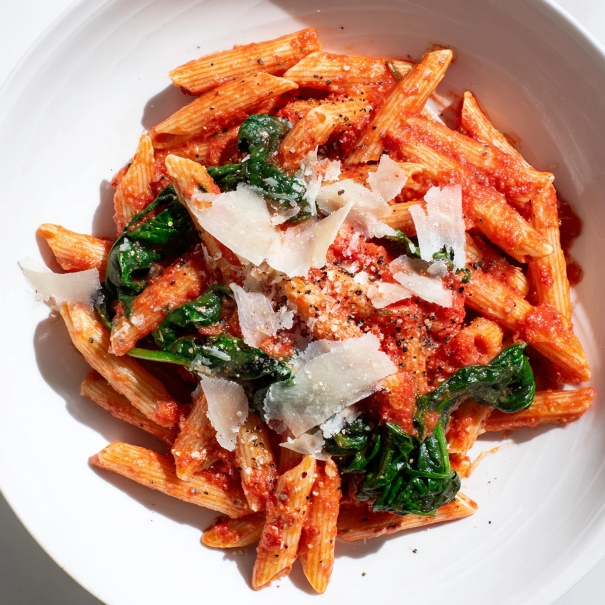 A close-up shot of the Quick Marinara Pasta with Spinach, garnished with fresh basil and Parmesan cheese.