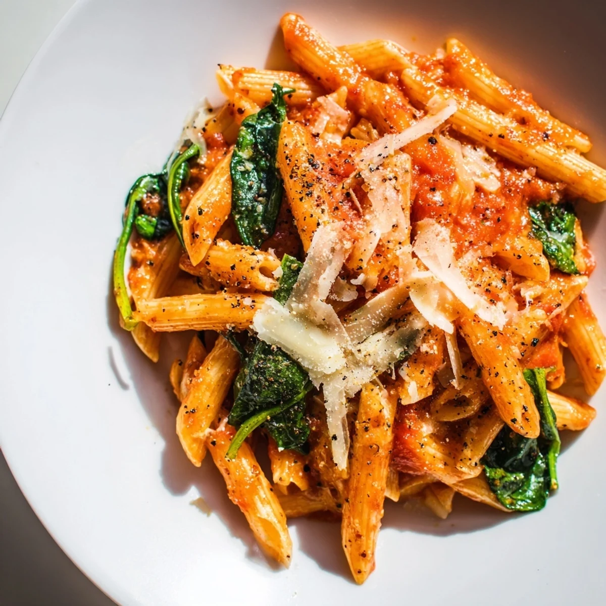 Enjoy a quick, comforting plate of Quick Marinara Pasta with Spinach; perfect for a vegetarian weeknight dinner.