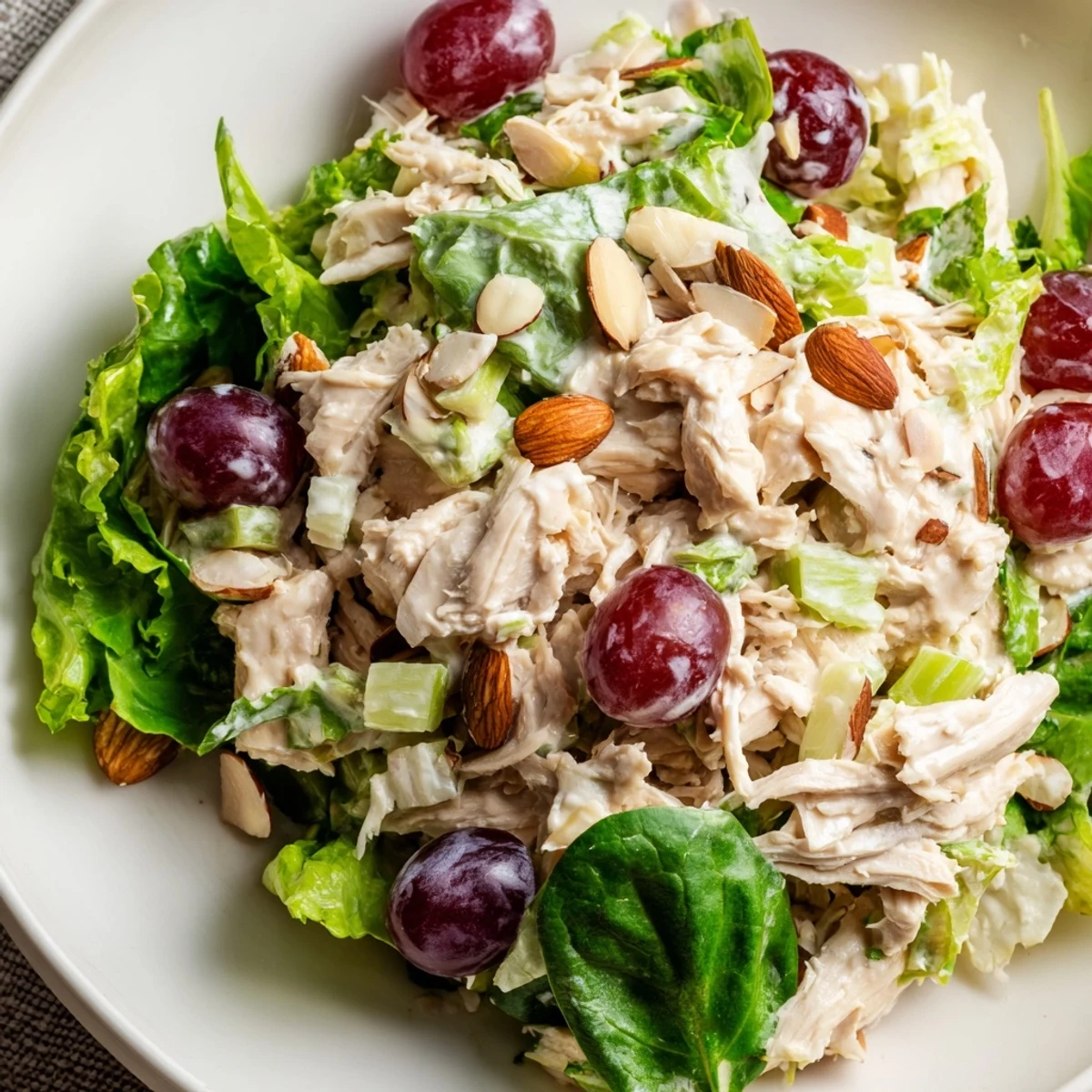A bowl of fresh, creamy crispy chicken salad with crunchy celery and sweet grapes.