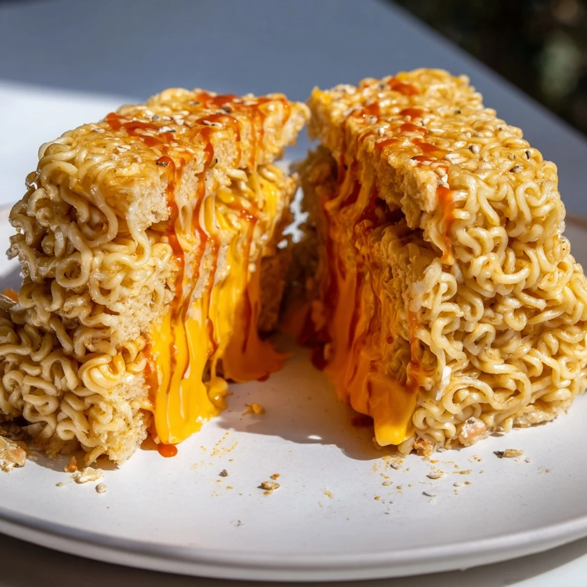 Golden and crispy Instant Ramen Grilled Cheese, oozing with melted cheddar, is a delicious comfort food.
