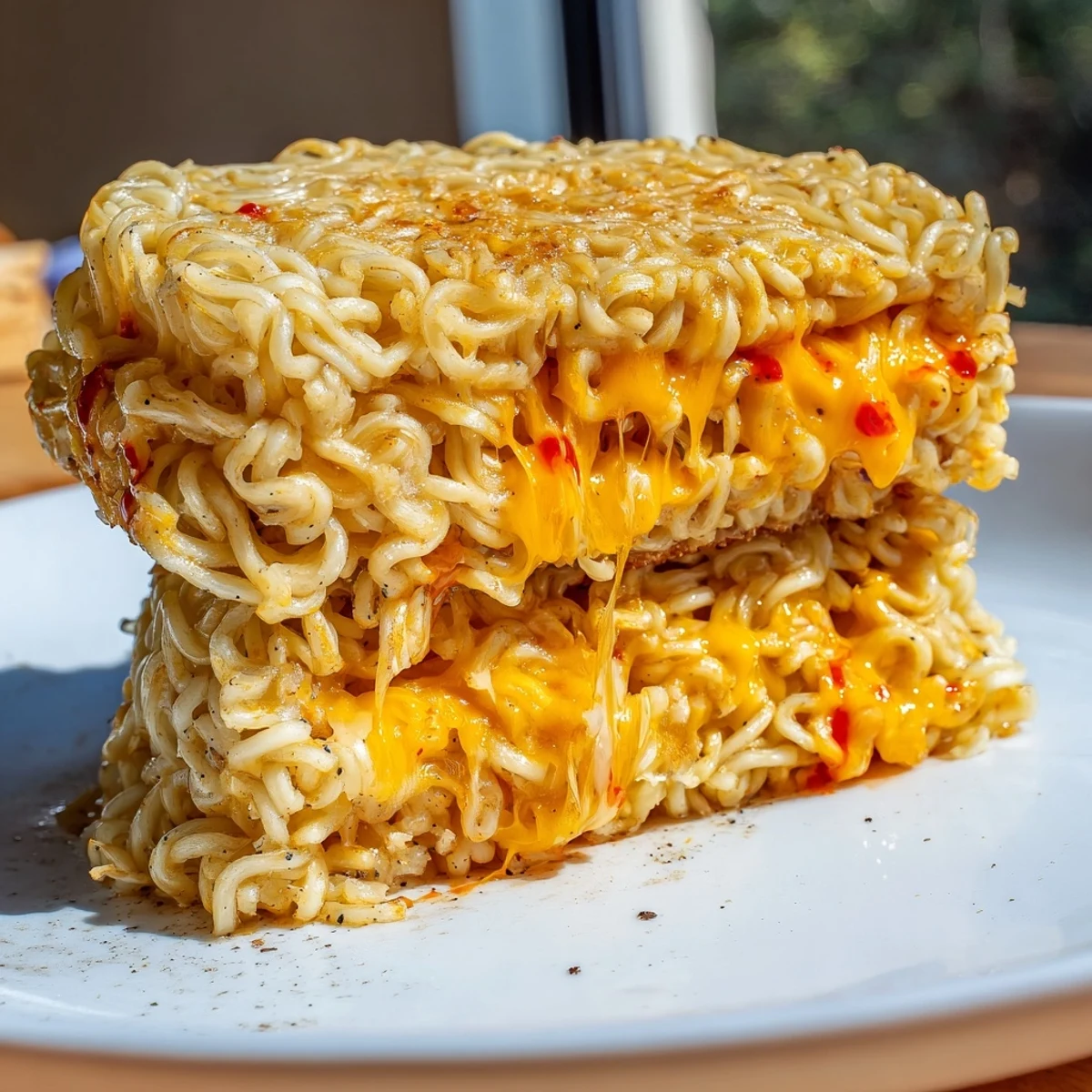 See the delightful crispy texture of this Instant Ramen Grilled Cheese sandwich, served hot, and ready to enjoy.