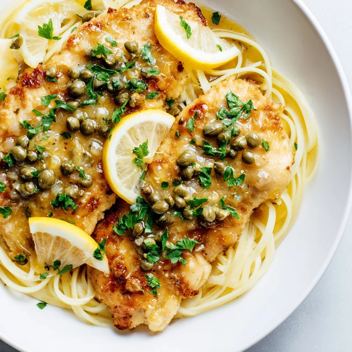 Quick Chicken Piccata Pasta with golden chicken cutlets, lemon sauce, and capers on spaghetti.