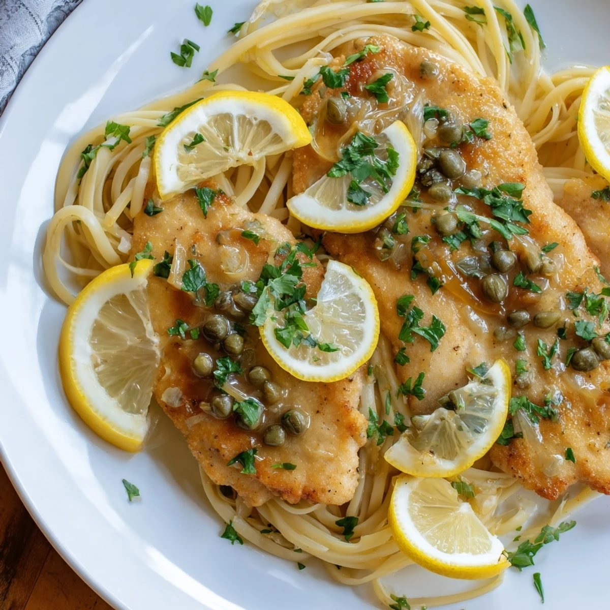 Bright and tangy Quick Chicken Piccata Pasta, served with a garnish of fresh parsley and lemon slices.