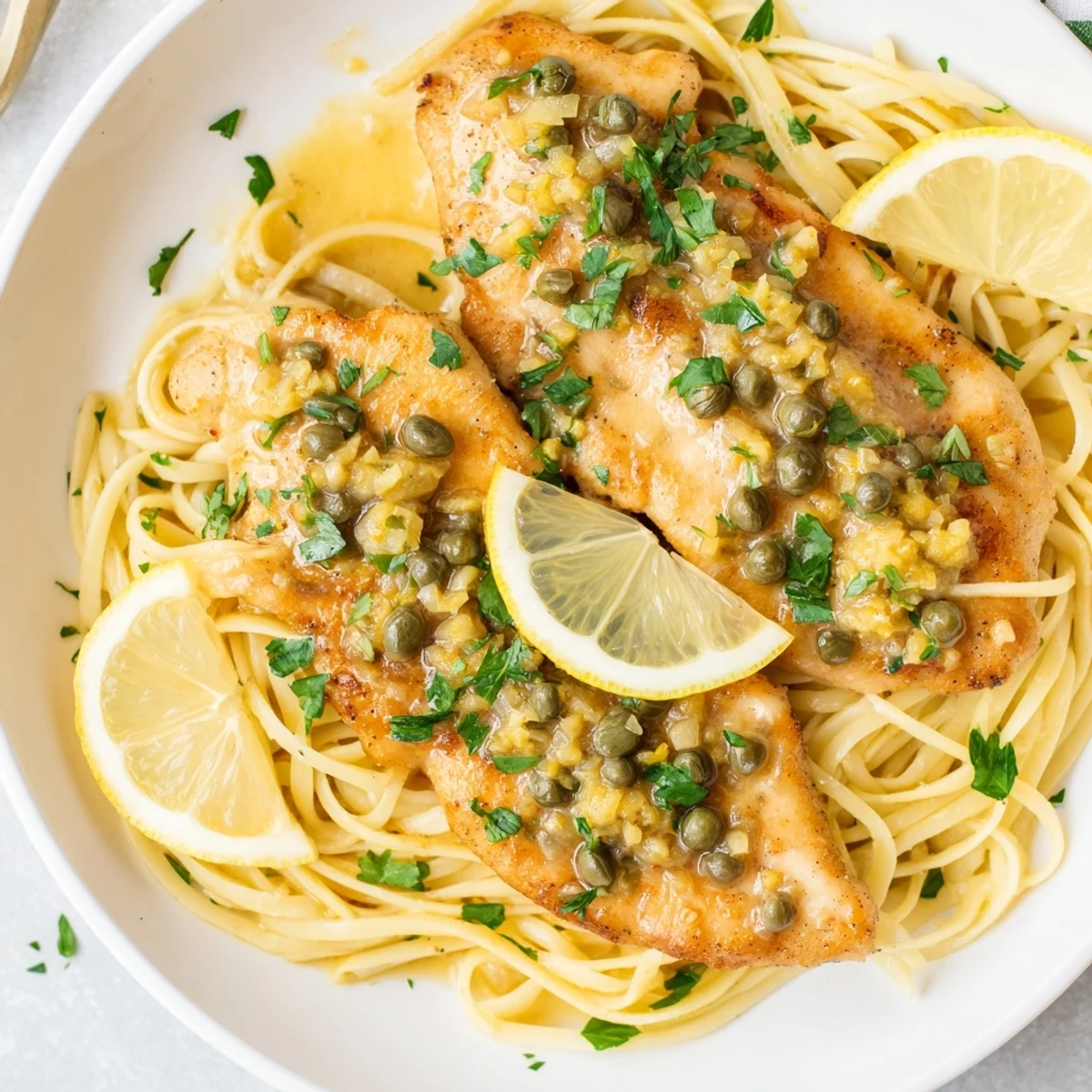 Close-up of a flavorful Quick Chicken Piccata Pasta featuring tender chicken in a zesty lemon sauce.