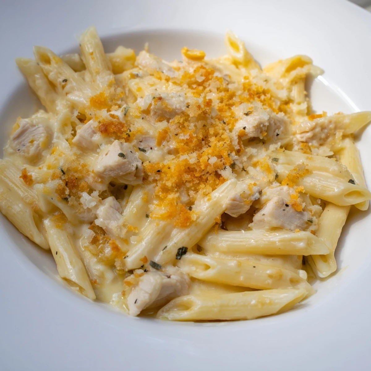 A bowl of creamy Jalapeño Popper Chicken Pasta, topped with golden, crispy breadcrumbs and jalapeños.