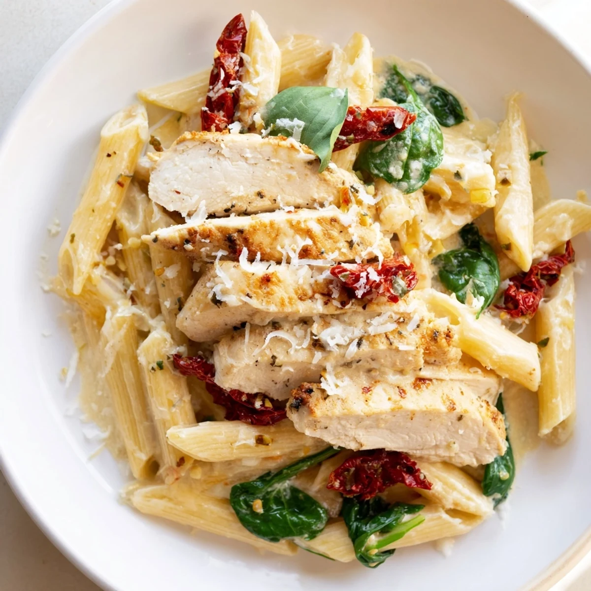 Creamy Tuscan Chicken Pasta, a delicious bowl showcasing tender chicken in creamy, rich sauce, ready to eat.