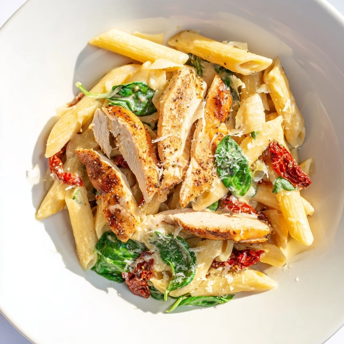 Imagine the vibrant red sun-dried tomatoes and spinach in a warm Creamy Tuscan Chicken Pasta dish.