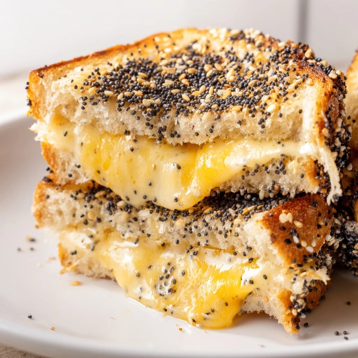 Imagine warm, cheesy goodness: a perfectly toasted Everything Bagel Grilled Cheese, ready to be devoured.