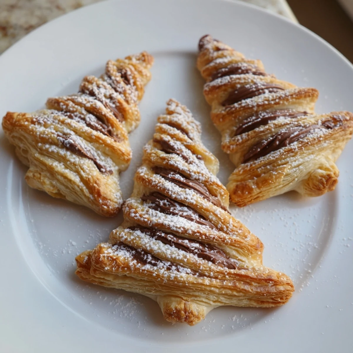 Homemade Nutella Pastry Christmas Trees dusted with powdered sugar, ready for a warm and cozy dessert.