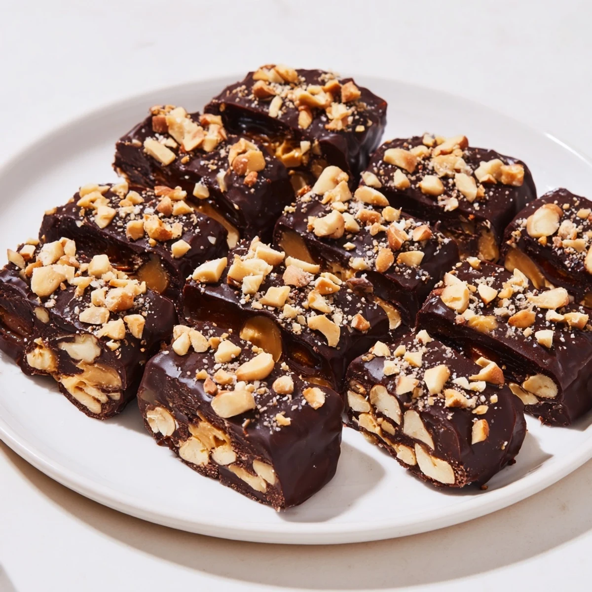 Delectable Date Bark Snickers-Style, layered with peanut butter and rich chocolate, ready to enjoy.