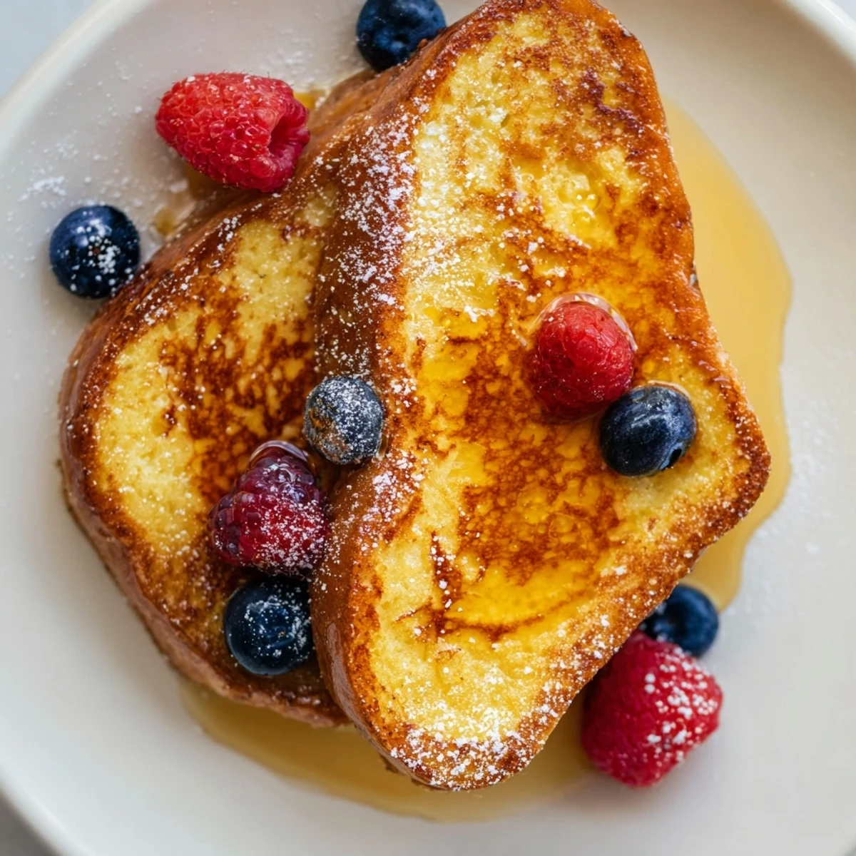 Golden ice cream French toast, caramelized edges, served with maple syrup and fresh berries.