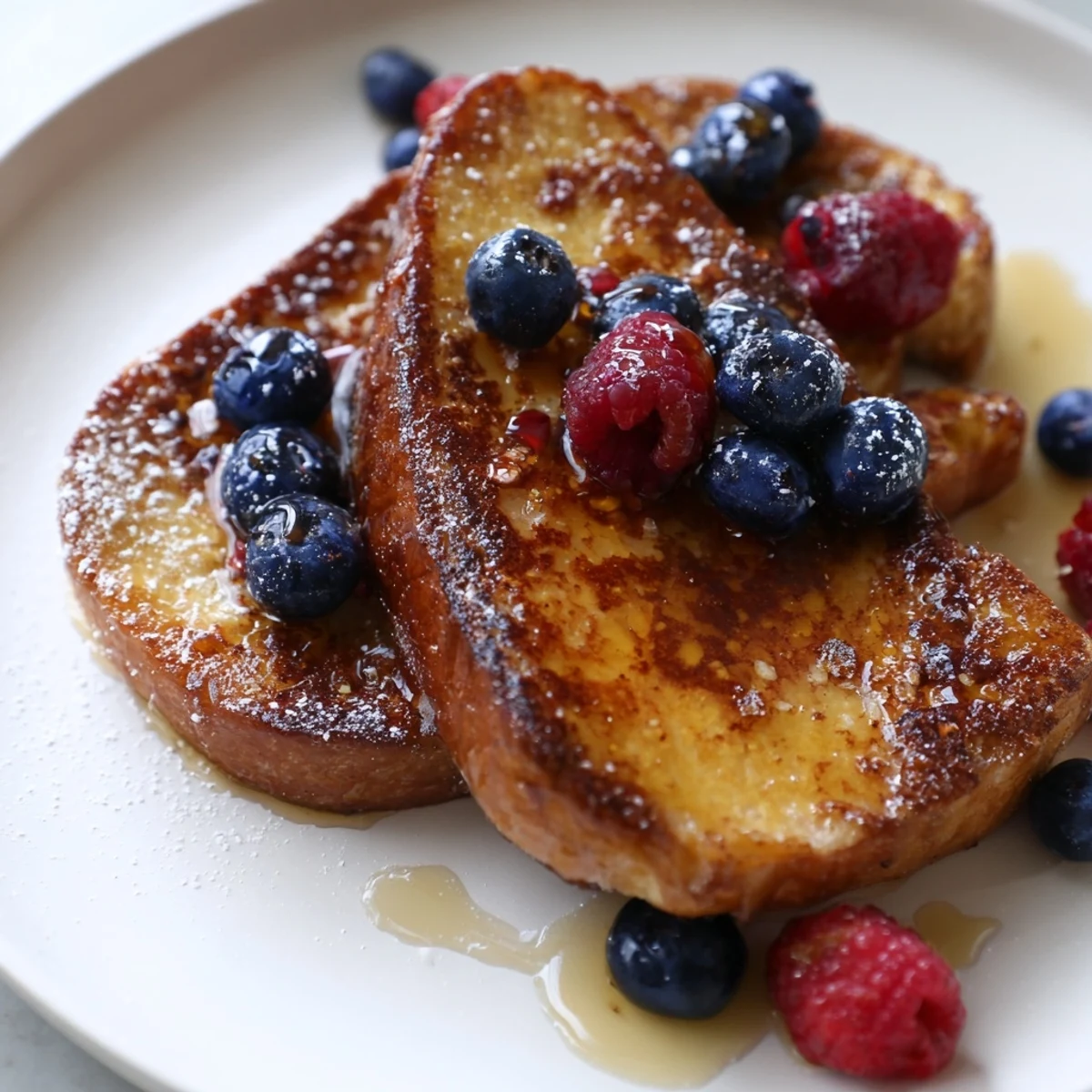 Warm ice cream French toast with a light dusting of powdered sugar, perfect breakfast treat.