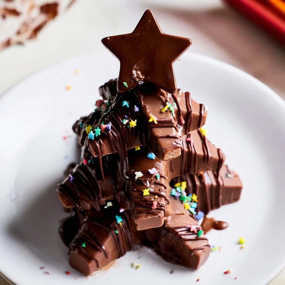 Chocolate Kinder Christmas Trees, shimmering with sprinkles, ready for the holiday dessert table.