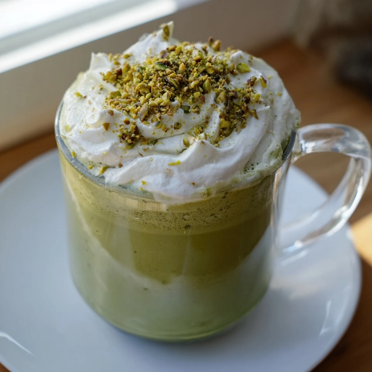 A tall glass of creamy Pistachio Latte, visually appealing with its layered rich textures and flavors.