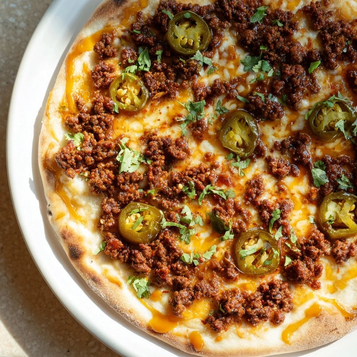 A close-up shot of the Spicy Ground Beef Pizza Base, brimming with melted cheese and beef.