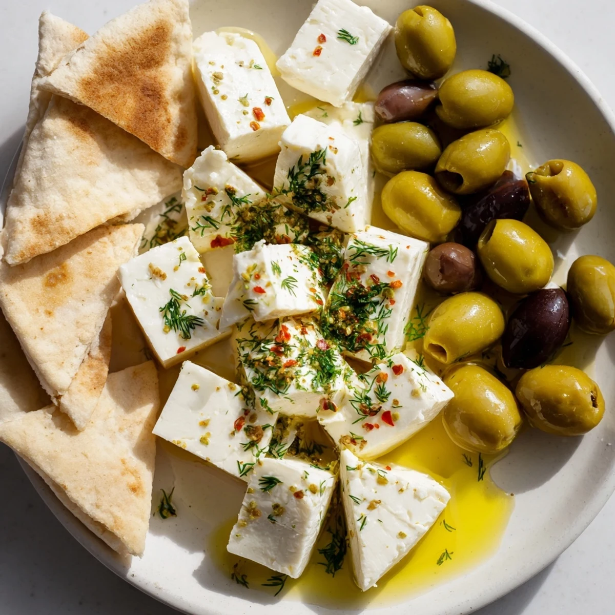 A close-up of a rustic Turkish Olives & Cheese Board showcasing brined olives, feta, and crusty bread.