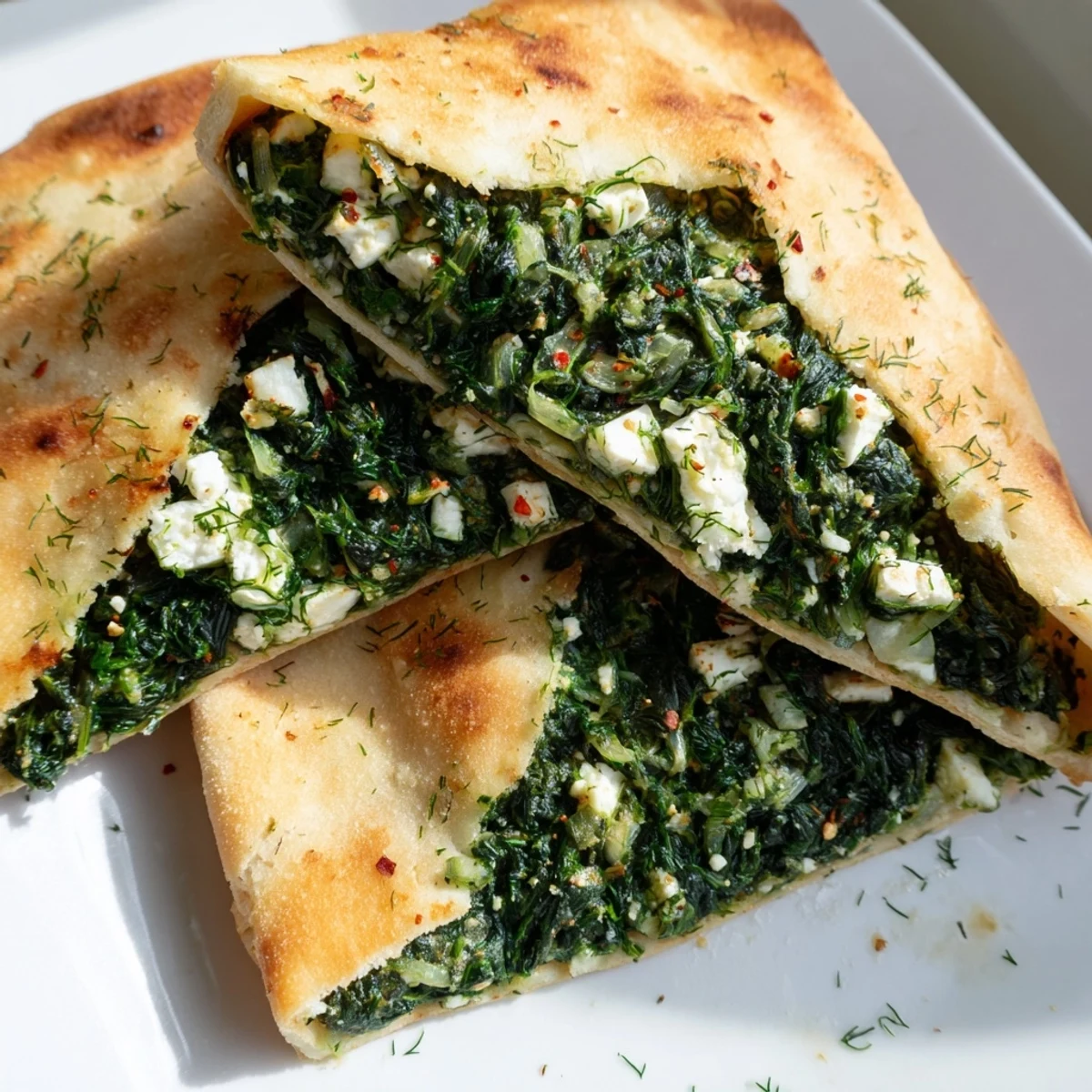Freshly baked Turkish Spinach & Feta Flatbread, showcasing the flaky crust and delicious herb-filled feta.