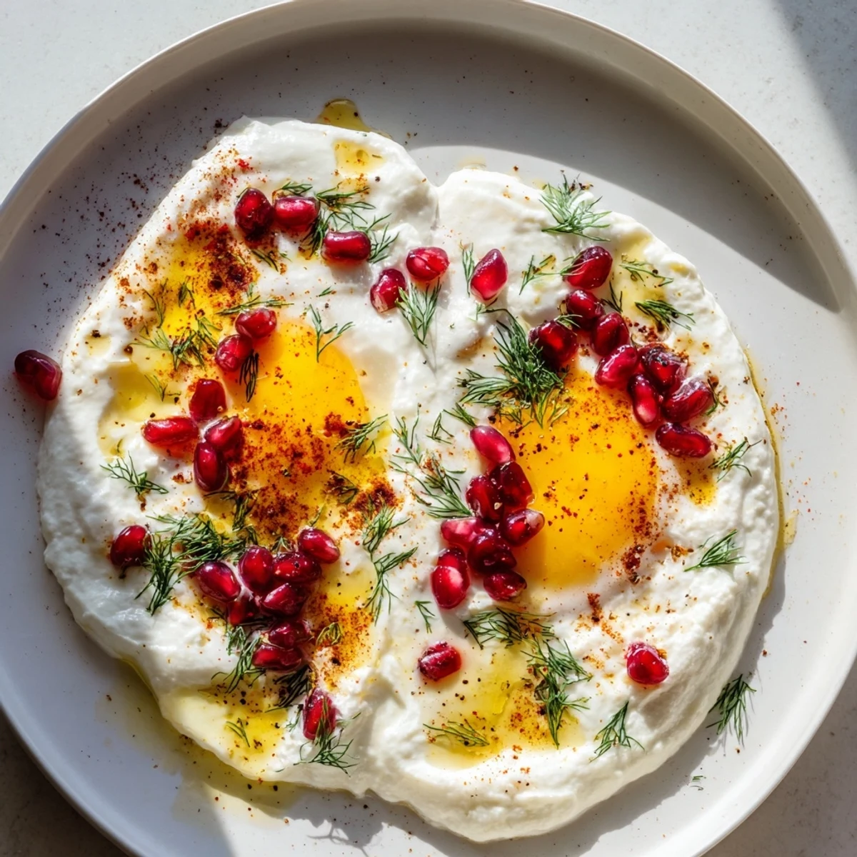 Steaming Çılbır with sumac and pomegranate, featuring vibrant poached eggs over creamy garlic yogurt.
