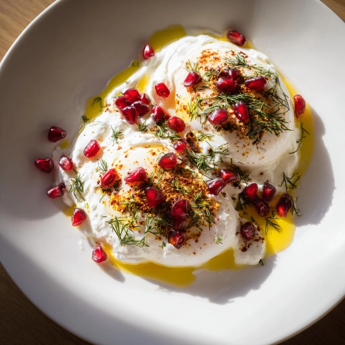 A beautifully plated Çılbır dish showcasing sunny-side-up poached eggs and a generous sumac butter drizzle.