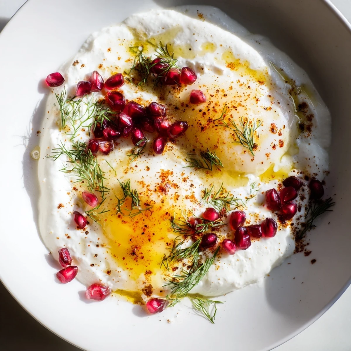 Enjoy a visual treat of Çılbır: soft poached eggs atop garlicky yogurt, sprinkled with pomegranate seeds.