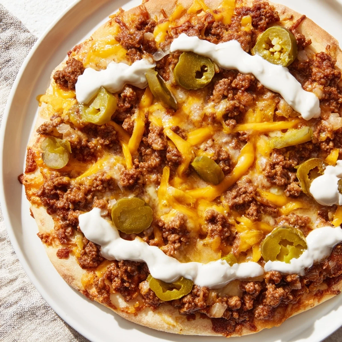 Ground Beef Taco Pizza, baked until bubbly, oozing cheese and savory taco-seasoned ground beef.