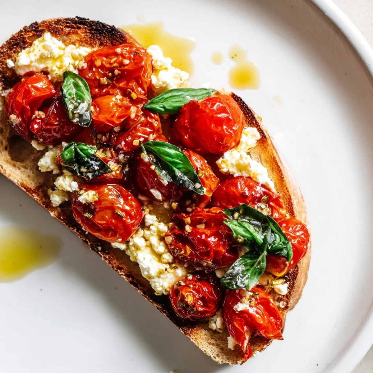 Golden Baked Feta Toast features crispy sourdough slices, roasted cherry tomatoes, and melted feta cheese topped with fresh basil leaves.