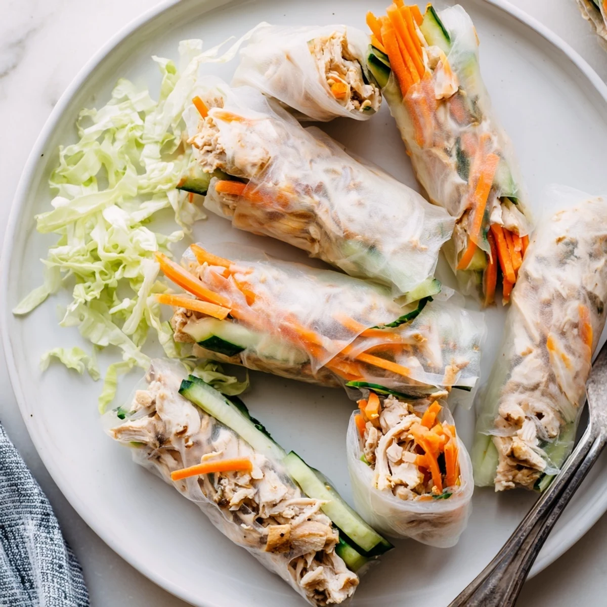 Freshly made Garlicky Pulled Chicken Wraps feature vibrant carrots, cucumbers, and herbs peeking through delicate rice paper.