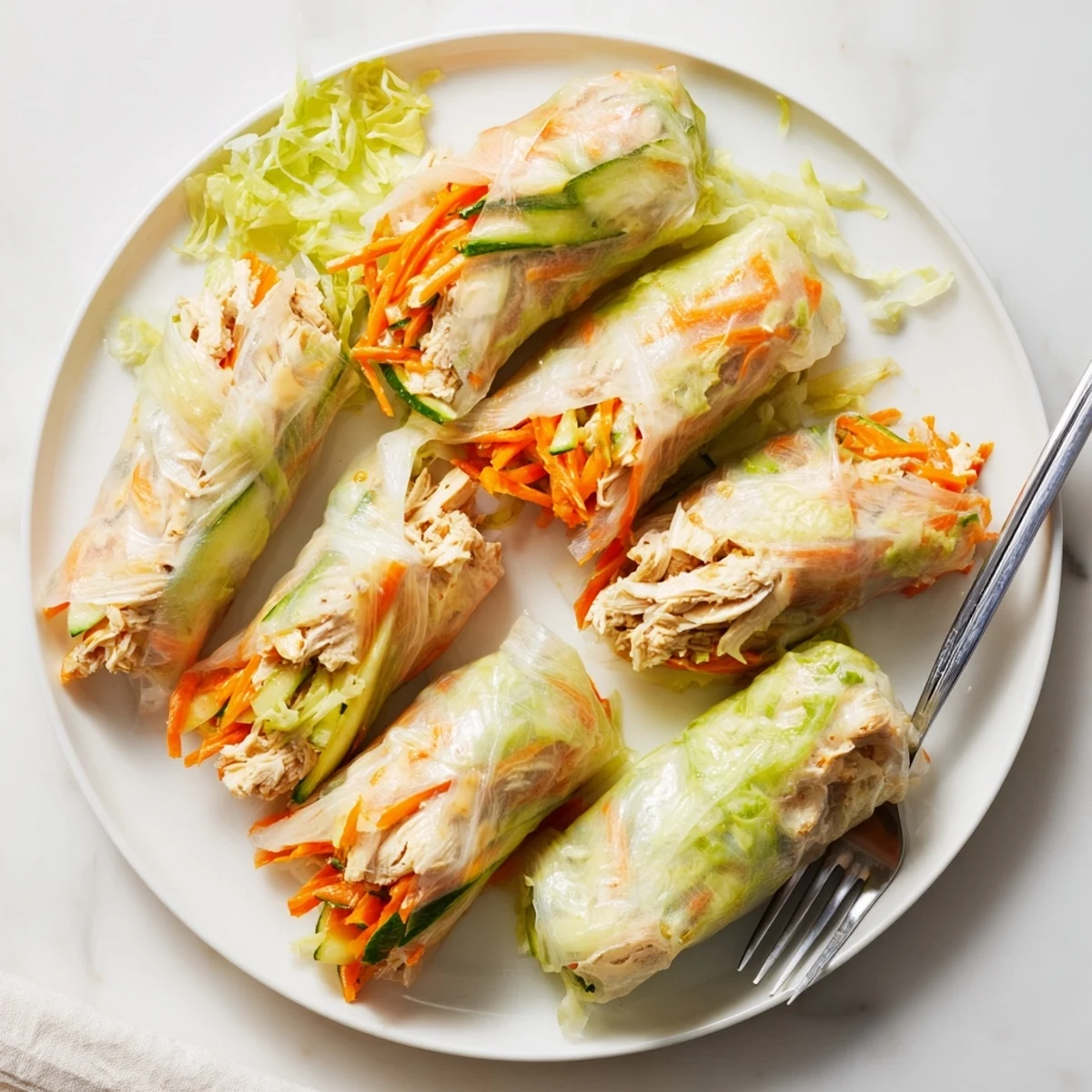 Two Garlicky Pulled Chicken Wraps with a golden-brown, pan-fried rice paper exterior sit beside lemon wedges.  