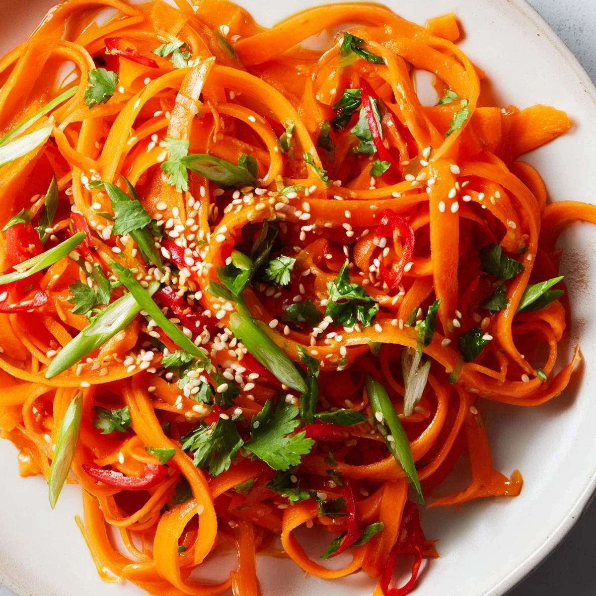 A close-up of an Asian-style carrot ribbon salad featuring crisp vegetables, a glossy sesame glaze, and vibrant green onions.