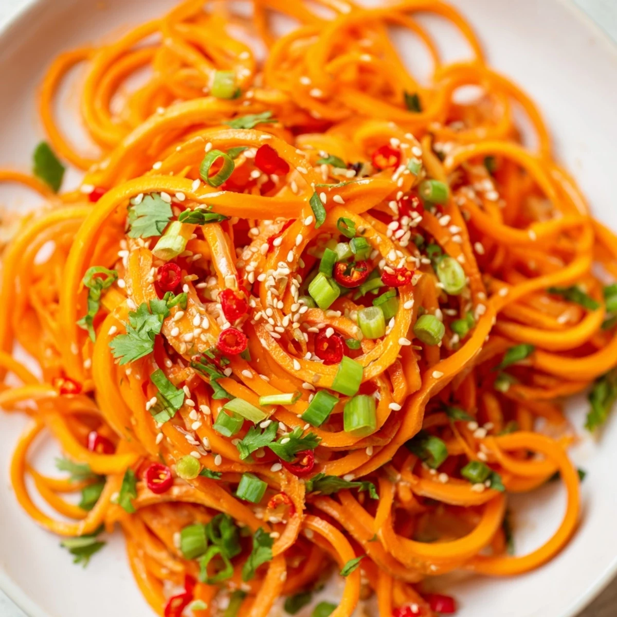 Bright orange carrot ribbons coated in a savory soy-sesame dressing, garnished with toasted sesame seeds and fresh cilantro.