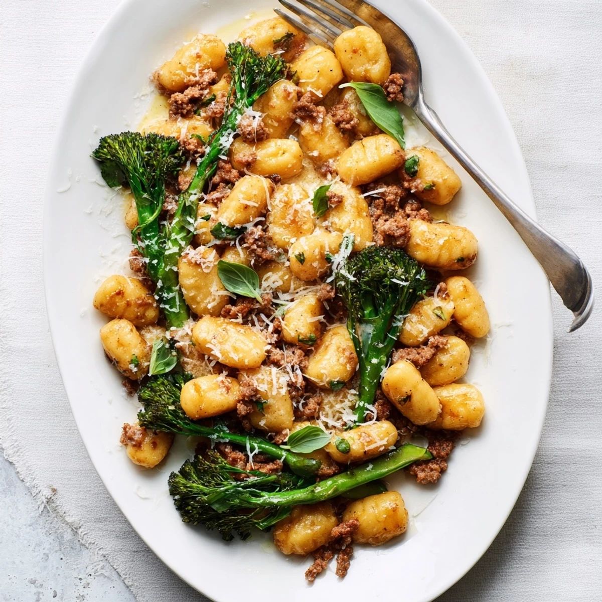 Golden roasted sheet pan gnocchi bake with savory sausage and crisp-tender broccolini, served hot from the oven.