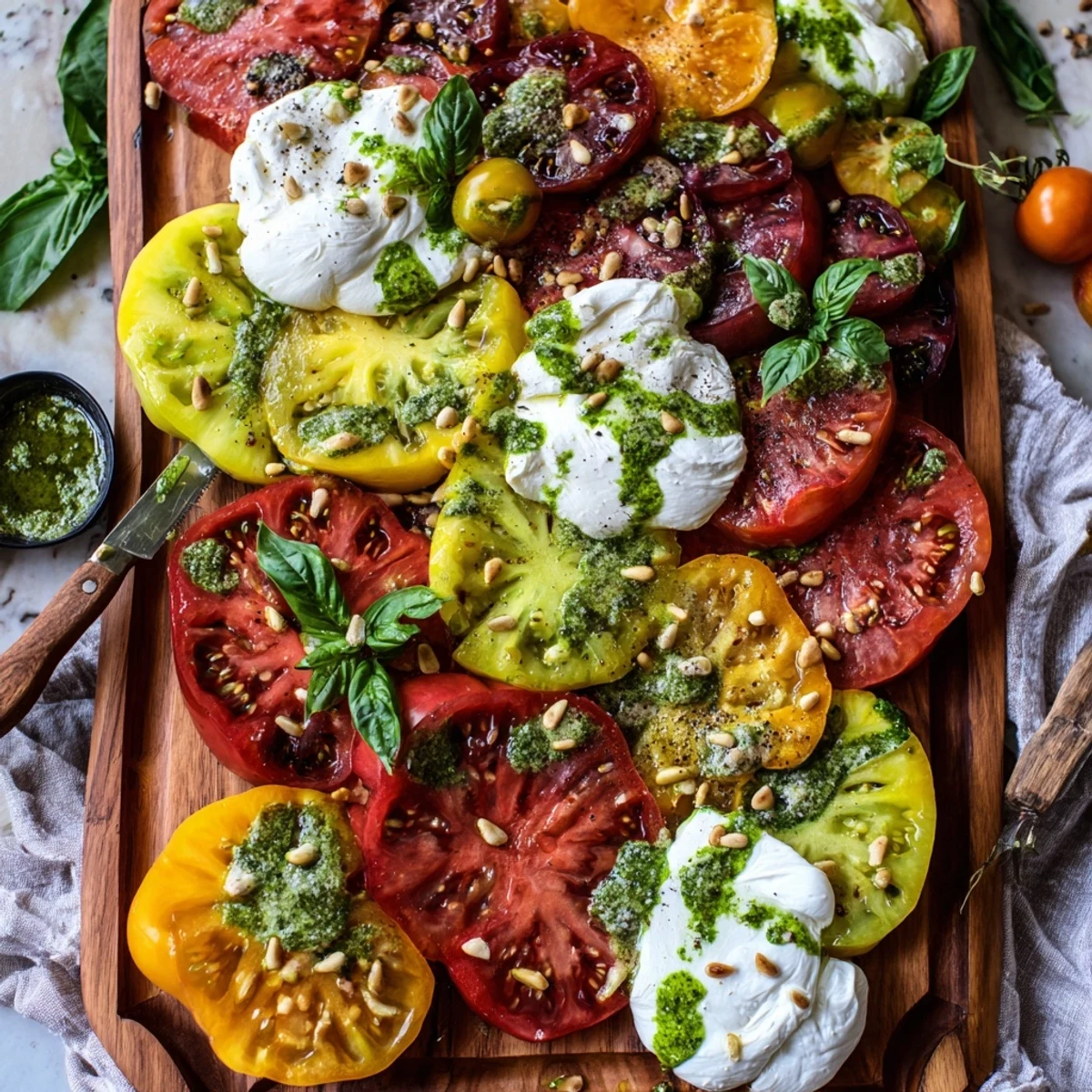 Vibrant heirloom tomato salad with burrata and basil oil drizzle, served with crusty bread on the side.