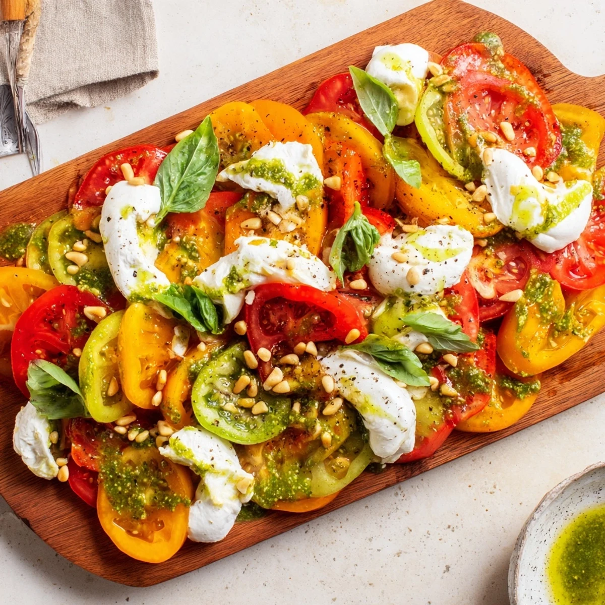 A colorful Mediterranean appetizer board with heirloom tomatoes, torn burrata, and basil oil, perfect for summer gatherings.