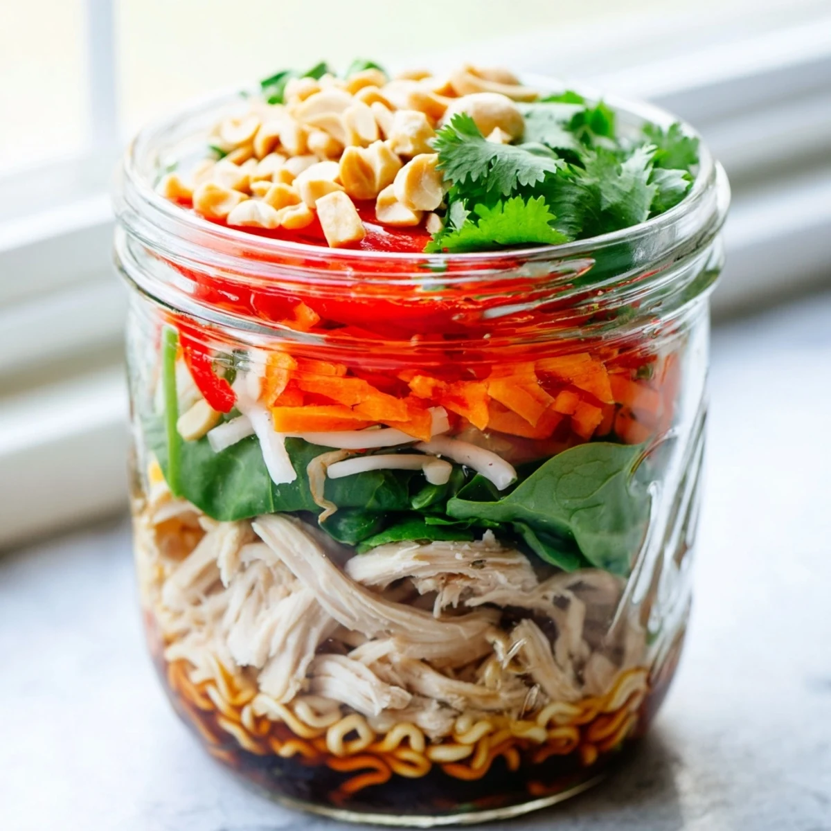 Colorful layers of fresh veggies, chicken, and noodles sit in a clear mason jar, ready for a quick meal prep.