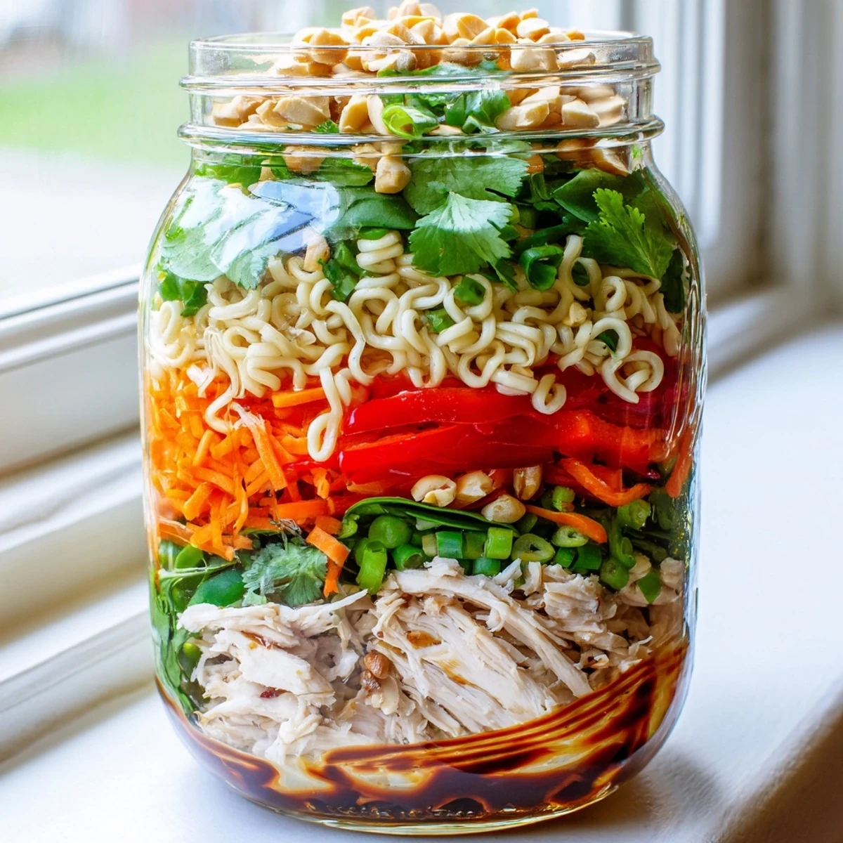 Shiny glass jar filled with layered noodles, shrimp, and fresh greens, perfect for a grab-and-go dinner on a busy day.