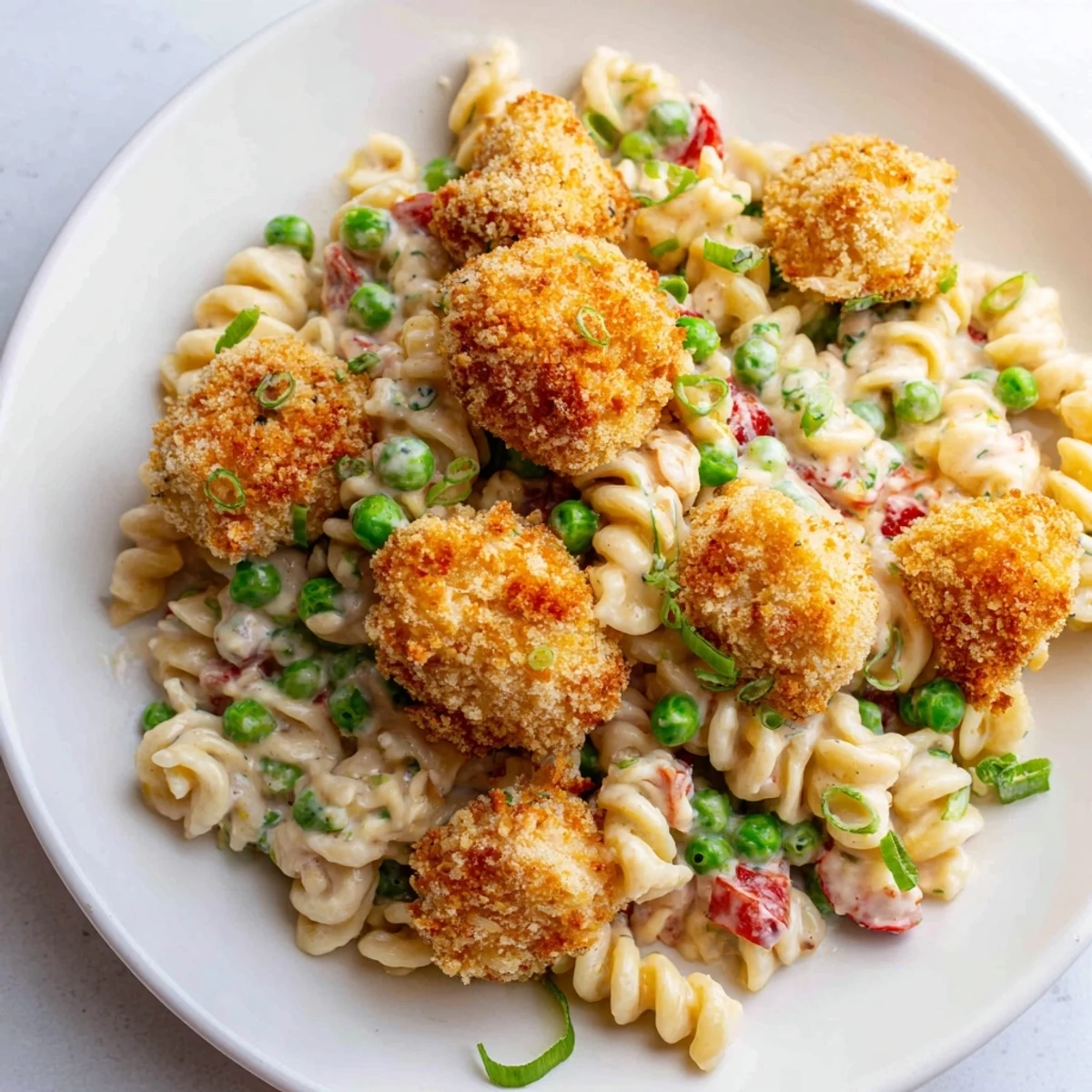 A close-up of crispy chicken bites tossed in creamy ranch dressing with rotini pasta, sweet peas, and diced red bell pepper in a serving bowl.