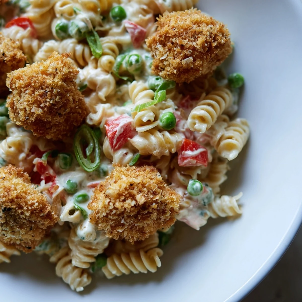 A freshly tossed bowl of Crispy Chicken Ranch Pasta Salad featuring golden fried chicken, al dente pasta, and vibrant vegetables ready for a summer potluck.
