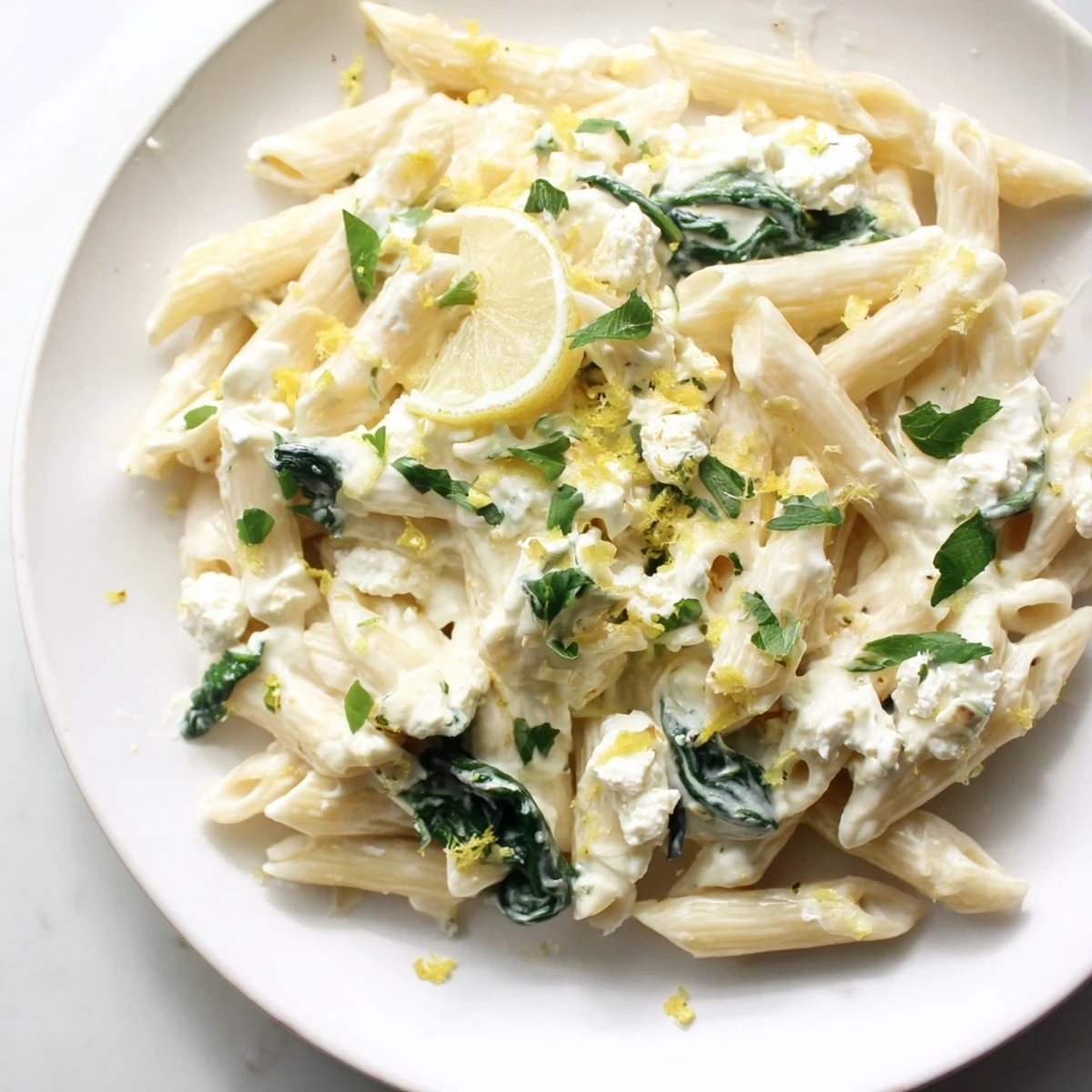 A close-up of creamy feta spinach pasta with wilted greens and crumbled cheese in a skillet, steam rising.  