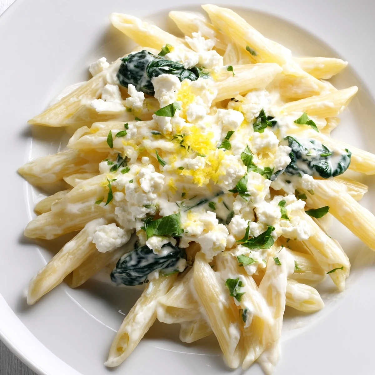 Serve this Mediterranean Creamy Feta Spinach Pasta with lemon zest and herbs for a quick, satisfying dinner.