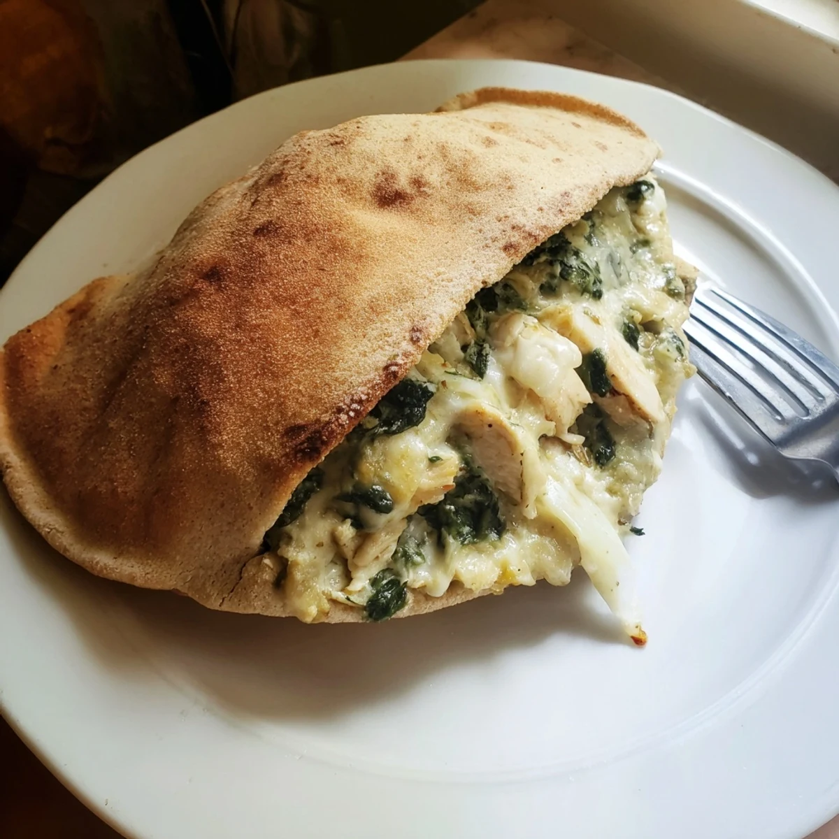 Golden-brown, toasted pita pockets stuffed with creamy spinach, artichoke, and tender chicken, served warm on a plate.  