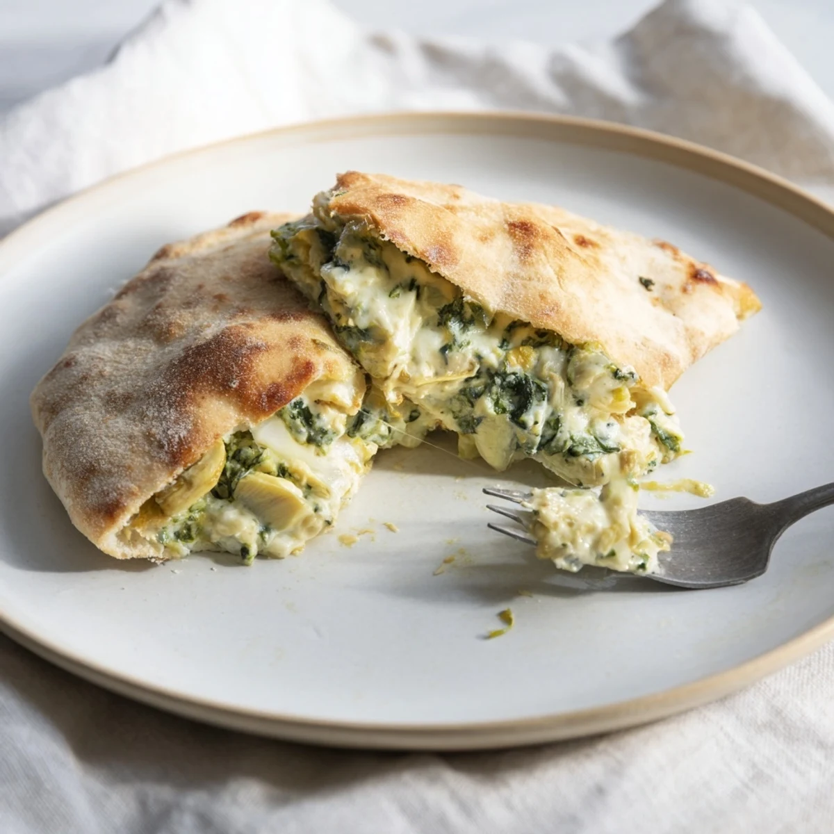 Savory Mediterranean-inspired chicken filling with melted mozzarella and Parmesan, nestled inside fluffy pita bread for lunch.  