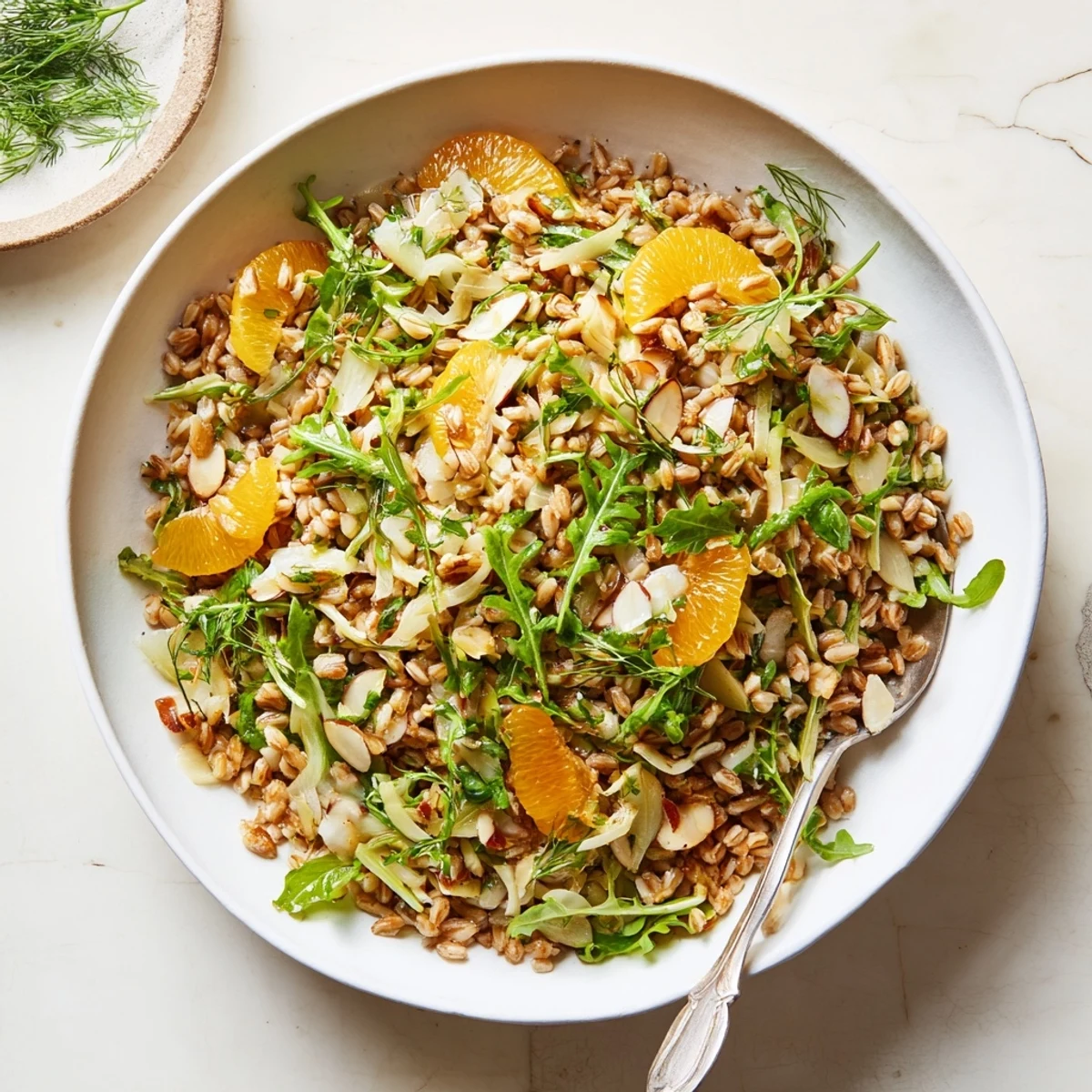 Close-up of Farro Salad With Fennel, Oranges, and Almonds highlighting juicy orange segments and crunchy toasted almonds.