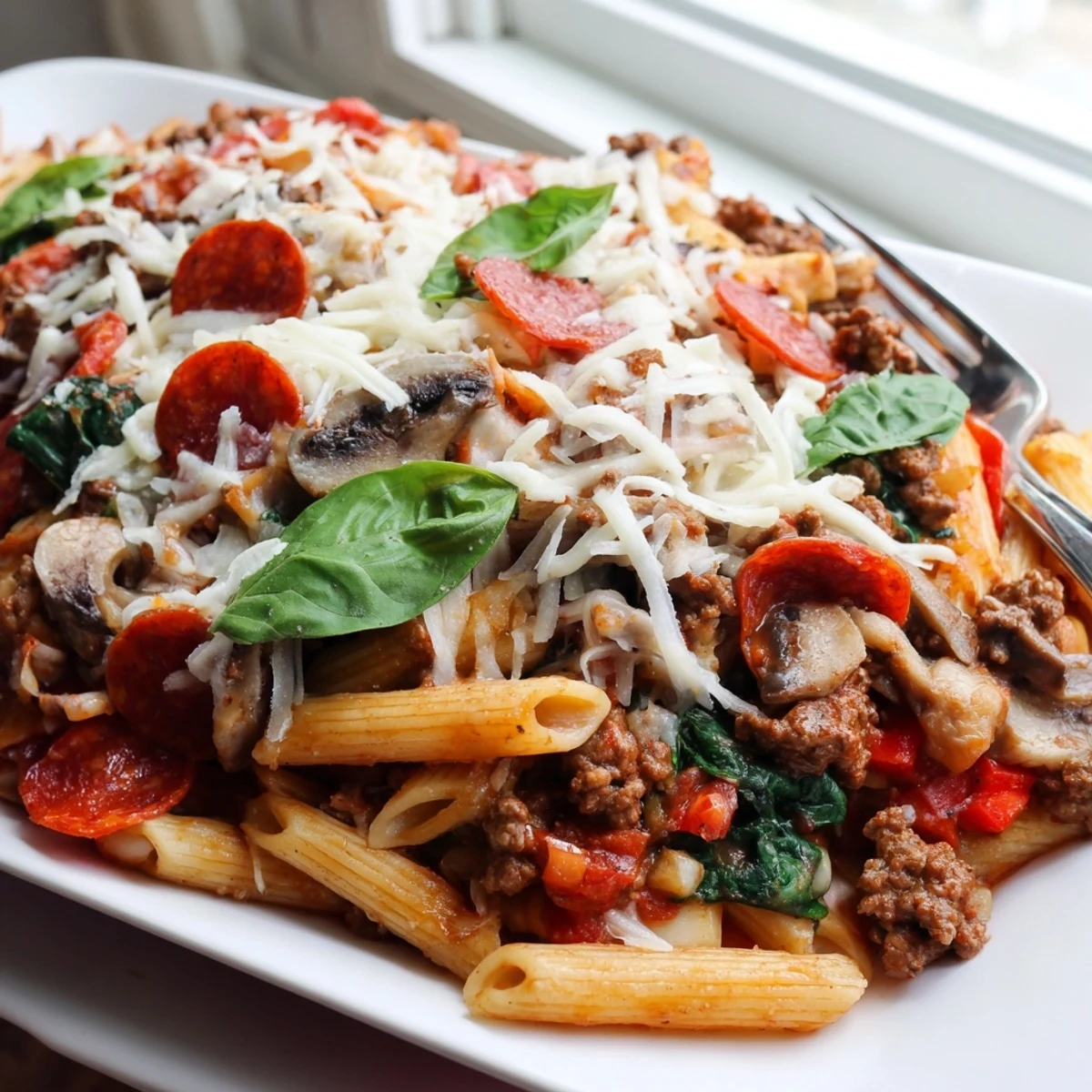 This hearty Italian-American casserole highlights tender ground beef, spinach, and bell peppers in a baked pasta dish with a crispy, golden cheese crust.