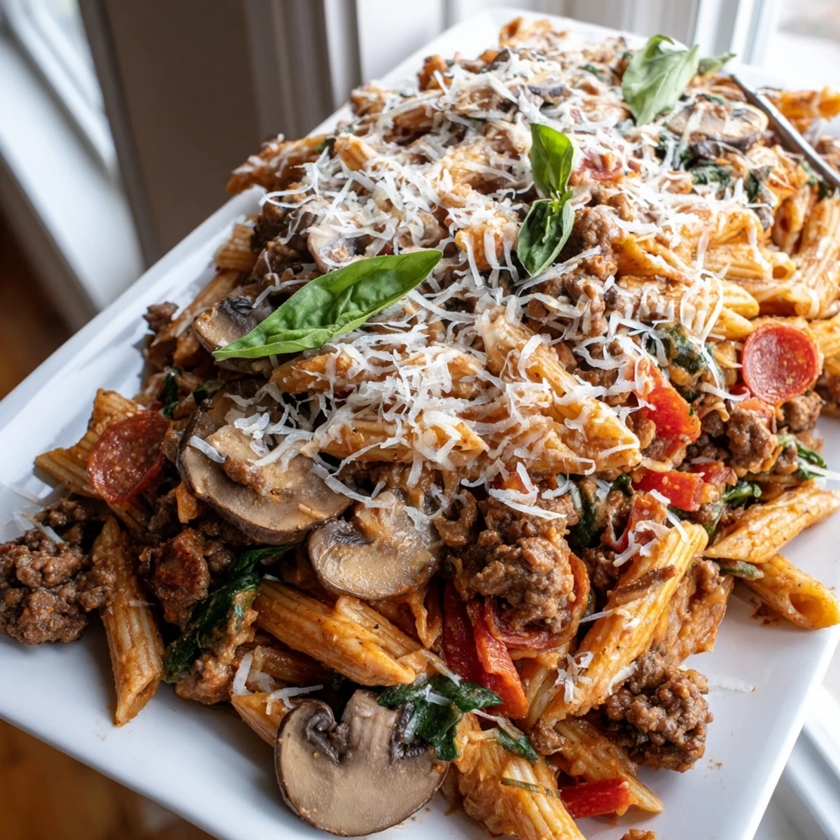 Serve this High Protein Italian Beef and Pasta Bake garnished with fresh basil, a side salad, and a warm slice of garlic bread for dinner.