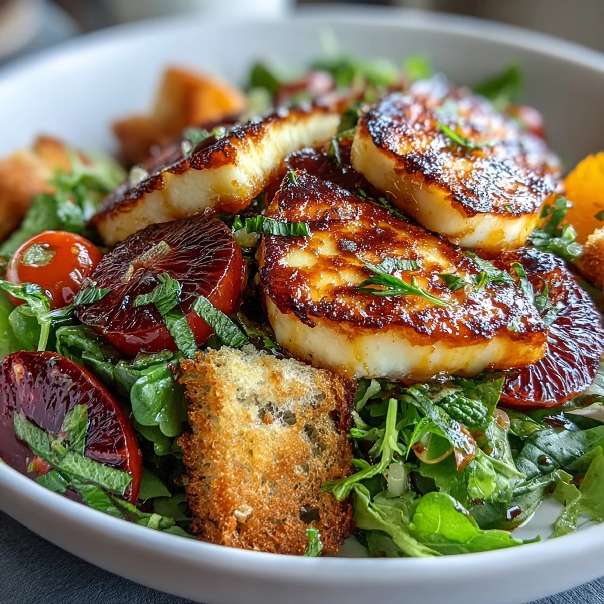 Vibrant Halloumi Blood Orange Fattoush with golden cheese, juicy citrus, and crisp croutons.