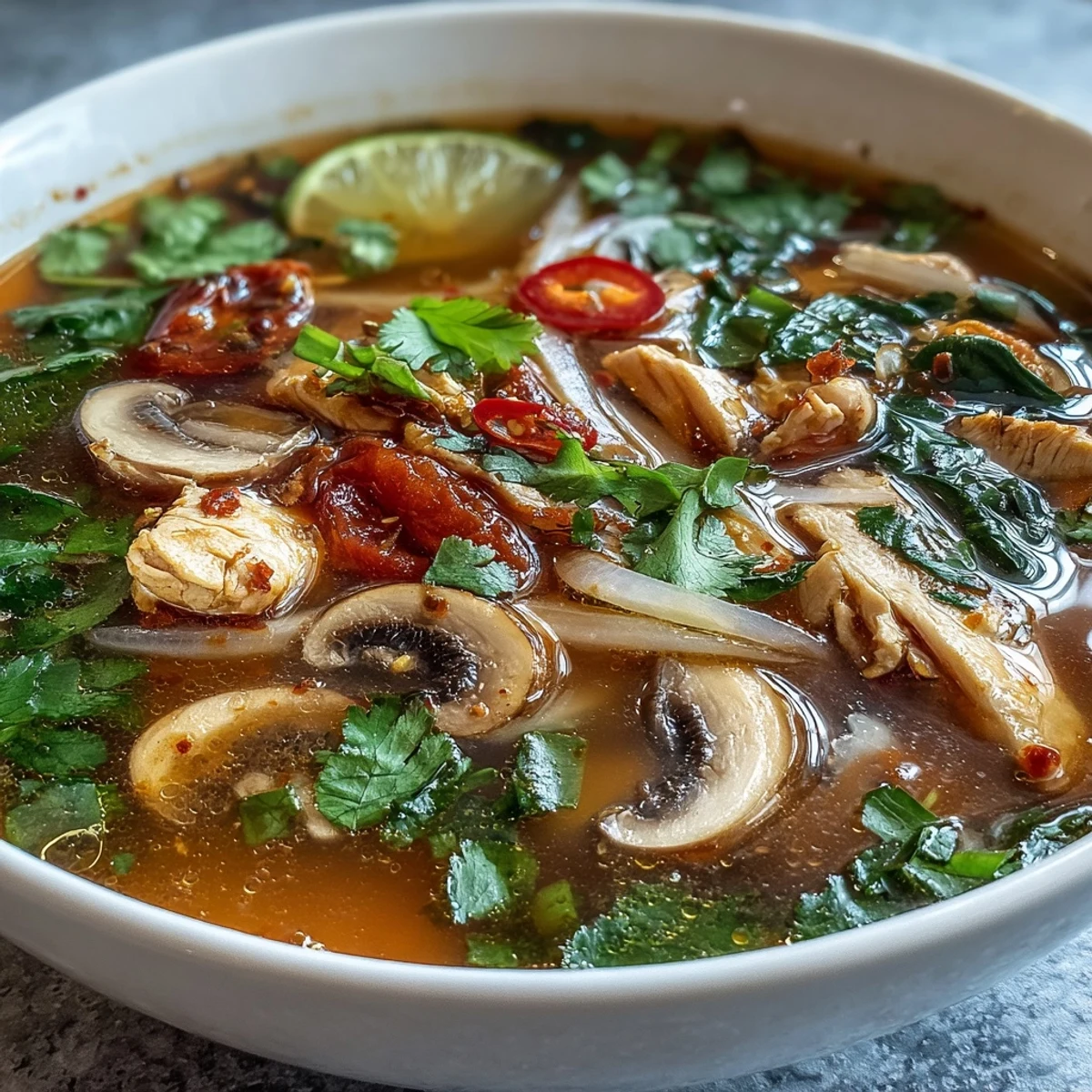 Garnished with fresh cilantro and lime wedges, this spicy-sour Thai soup is ready to serve hot.
